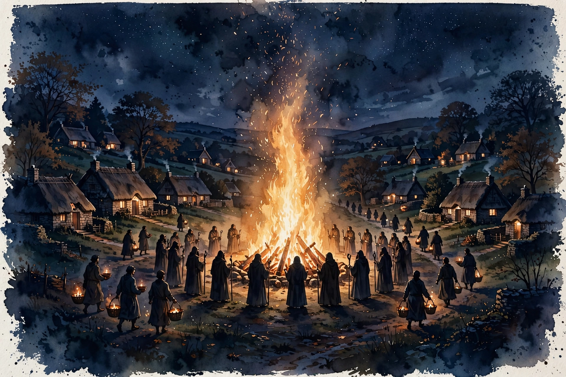 Villagers around the Samhain bonfire carrying embers home, watercolor — Halloween's pagan origins