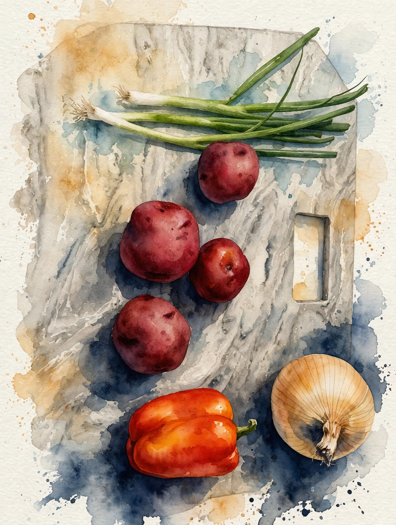 Red potatoes, bell pepper, onion, and green onions on a marble board, watercolor