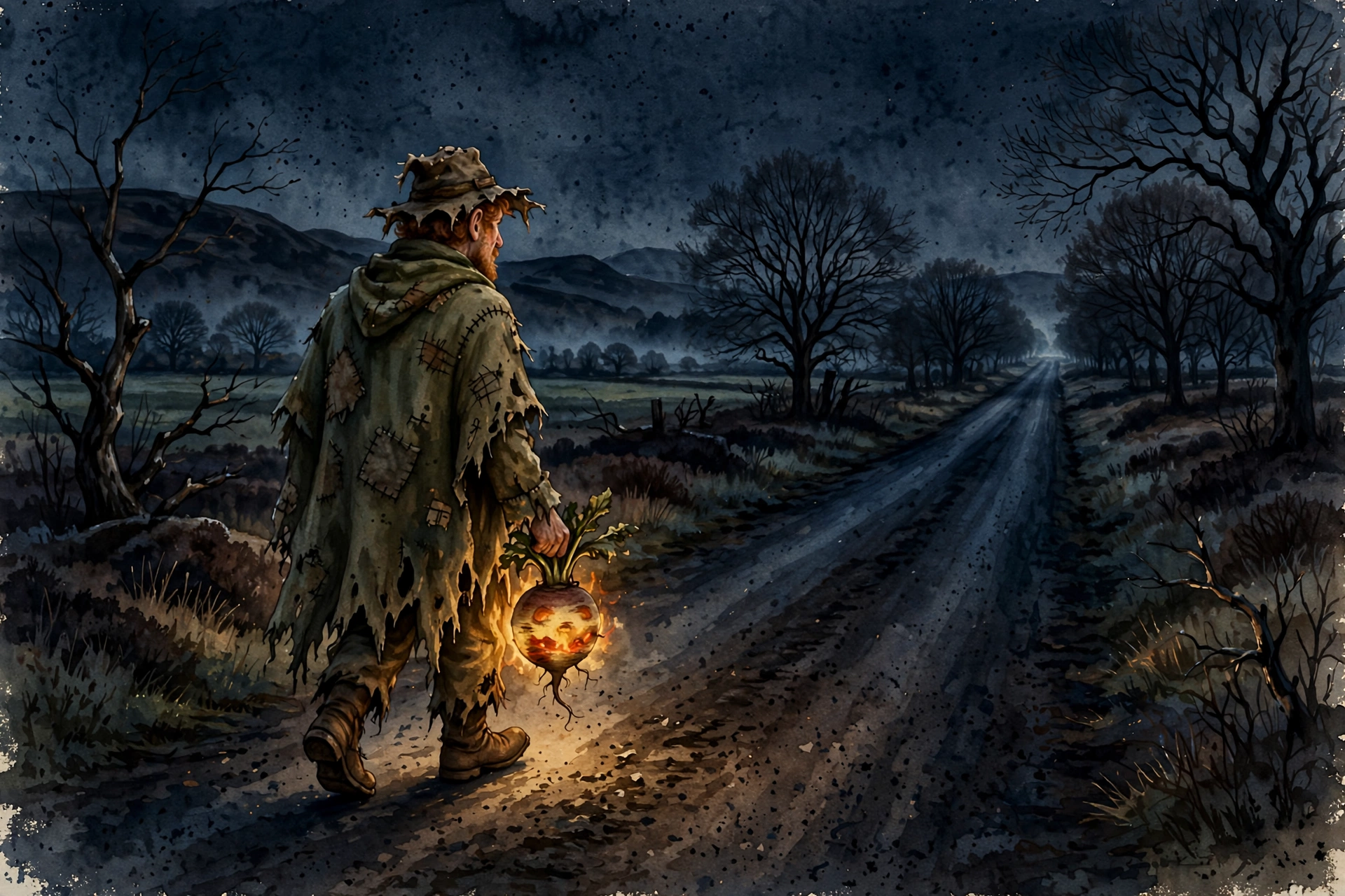 Stingy Jack carrying a turnip lantern on a dark road, watercolor — the original jack-o'-lantern
